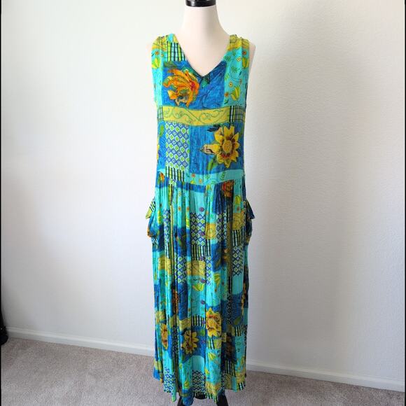 Vintage Maxi Dress Womens Medium Summer Blue Sunflower Garden Cottage Bohemian - Picture 10 of 13